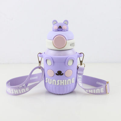 BPA Free 306 Stainless Steel 550ml Thermos Vacuum Baby Kids Straw Bottle Cartoon Animal Silicone Holder Case