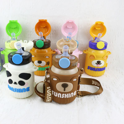 BPA Free 306 Stainless Steel 550ml Thermos Vacuum Baby Kids Straw Bottle Cartoon Animal Silicone Holder Case