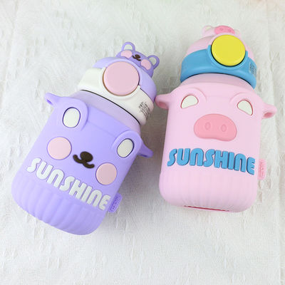 BPA Free 306 Stainless Steel 550ml Thermos Vacuum Baby Kids Straw Bottle Cartoon Animal Silicone Holder Case