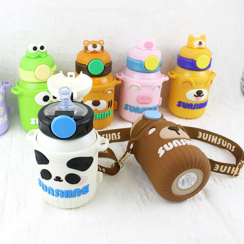 BPA Free 306 Stainless Steel 550ml Thermos Vacuum Baby Kids Straw Bottle Cartoon Animal Silicone Holder Case